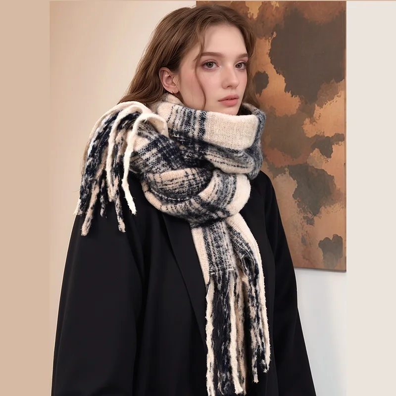 2024 Newest Cashmere Scarf Shawl Tassel Pashmina Scarf Stripe Woman Winter Scarf Thick Warm Vintage Stoles Muffler Head Scarf