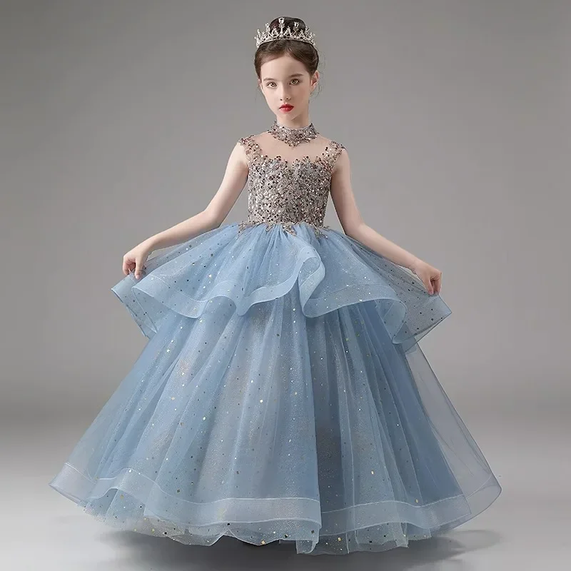 

Little Girls Princess Party Ball Gown Kids Puffy Tutu Sequin Evening Cocktail Dress Children School Graduation Long Prom Dresses