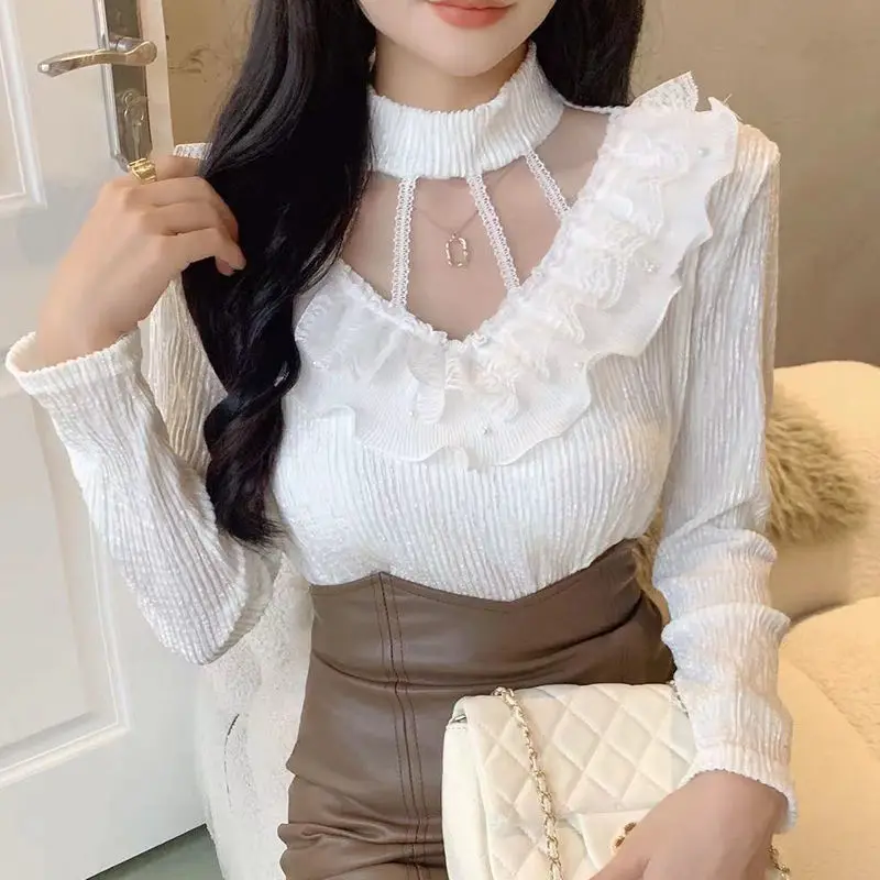 Women\'s Clothing Ruffles Half High Collar Hook Flower Hollow Solid Color Pullover Lace Patchwork Elegant T-shirt Fashion Tops