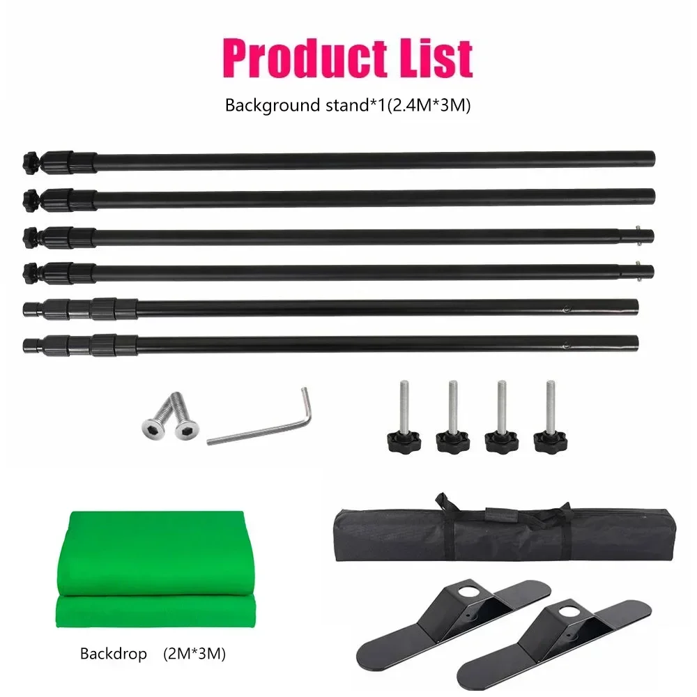 Système de support de fond photo SH 2,4x3m/2,5x3m/2,7x3,4m avec double barre transversale et écran en mousseline pour kit de studio photo