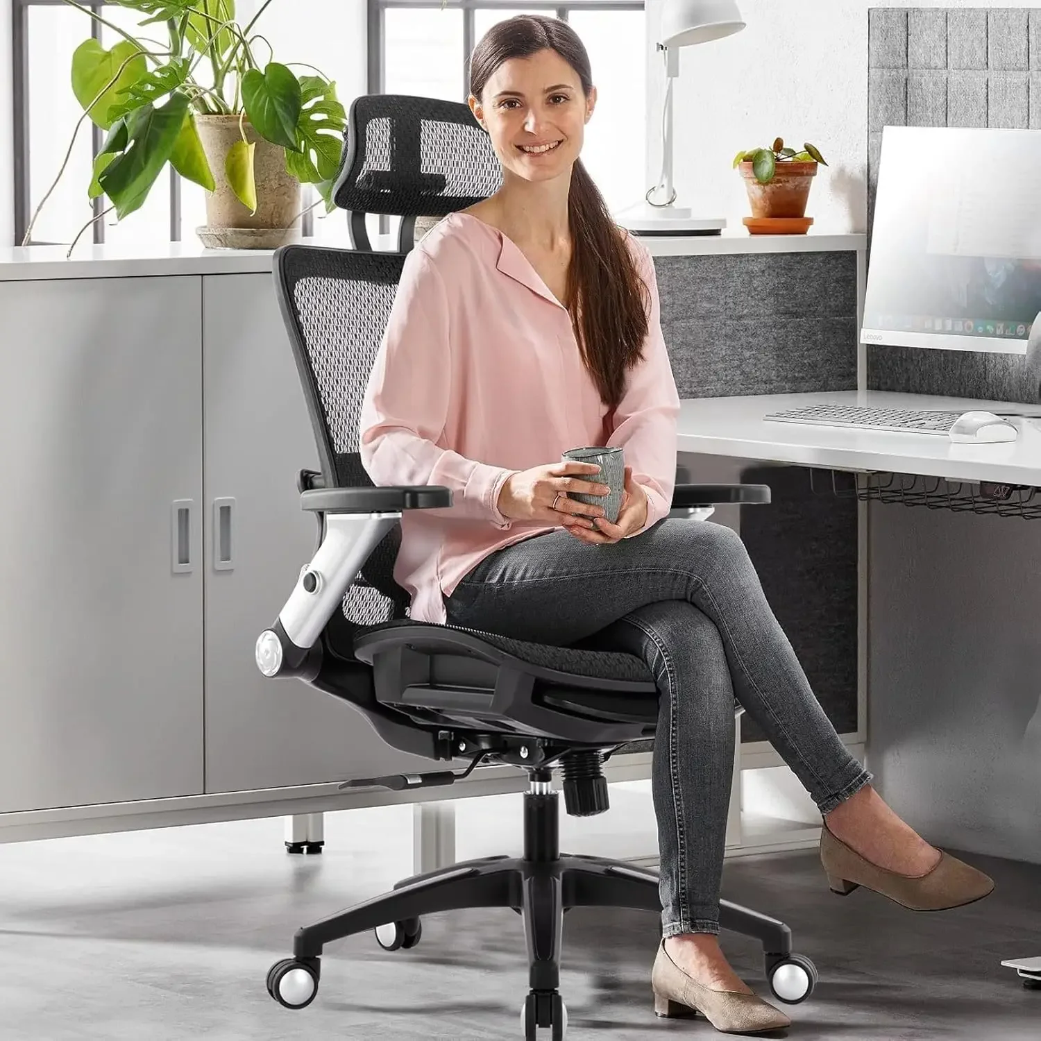 COLAMY Ergonomic Mesh Office Chair with Footrest, High Back Computer Executive Desk Chair with Headrest and 4D Flip-up Armrests,