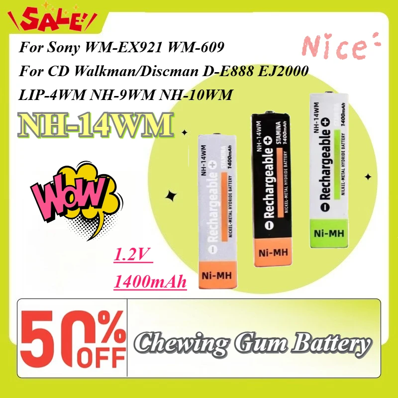 

NH-14WM 1.2V 1400mAh Chewing Gum Battery for Sony WM‑EX921 WM‑609 for CD Walkman/Discman D‑E888 EJ2000 LIP‑4WM NH‑9WM NH‑10WM