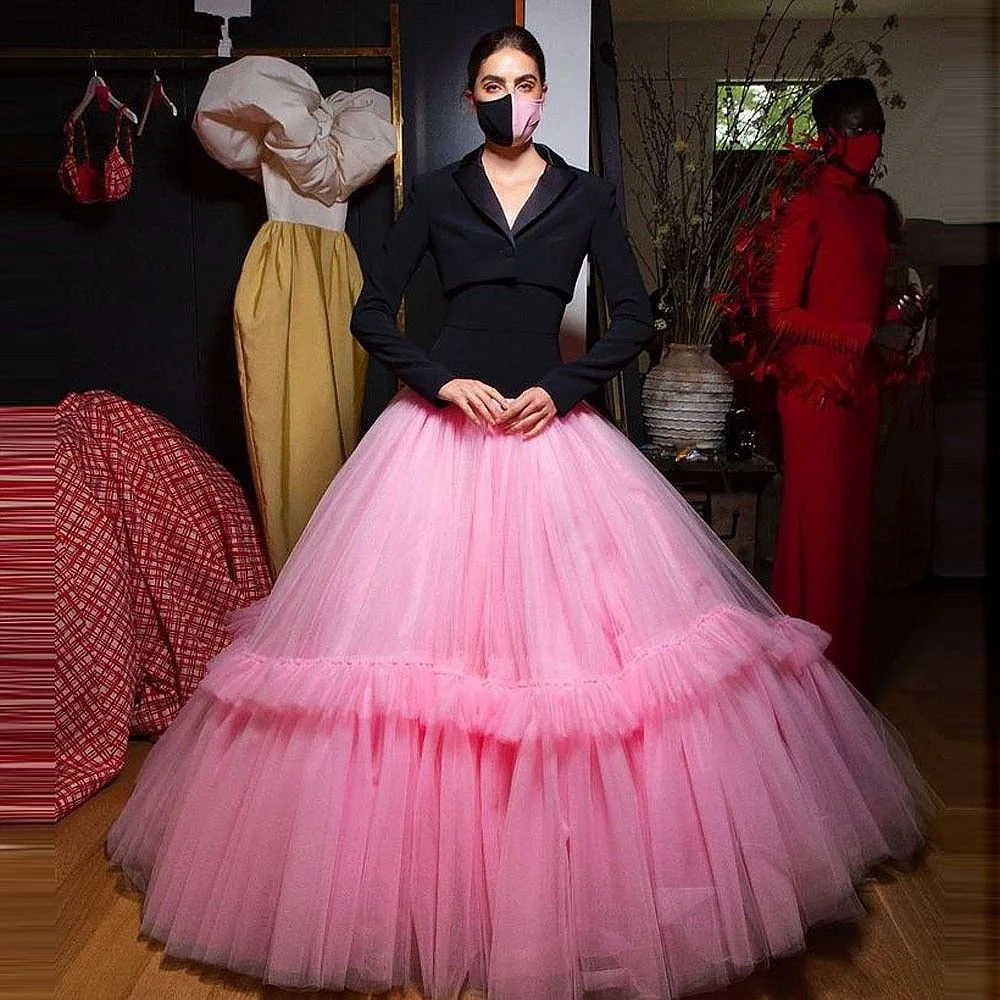 素晴らしいピンクチュールチュチュ女性スカートピンクボールガウン女性スカートフロアレングスプリーツ秋カスタムカラーウェディングスカート