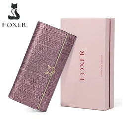 Carteira longa de couro Foxer-Split para mulheres, bolsa chique feminina, bolsas de celular, moda senhora, porta-moedas, bolsa de luxo brilhante, marca