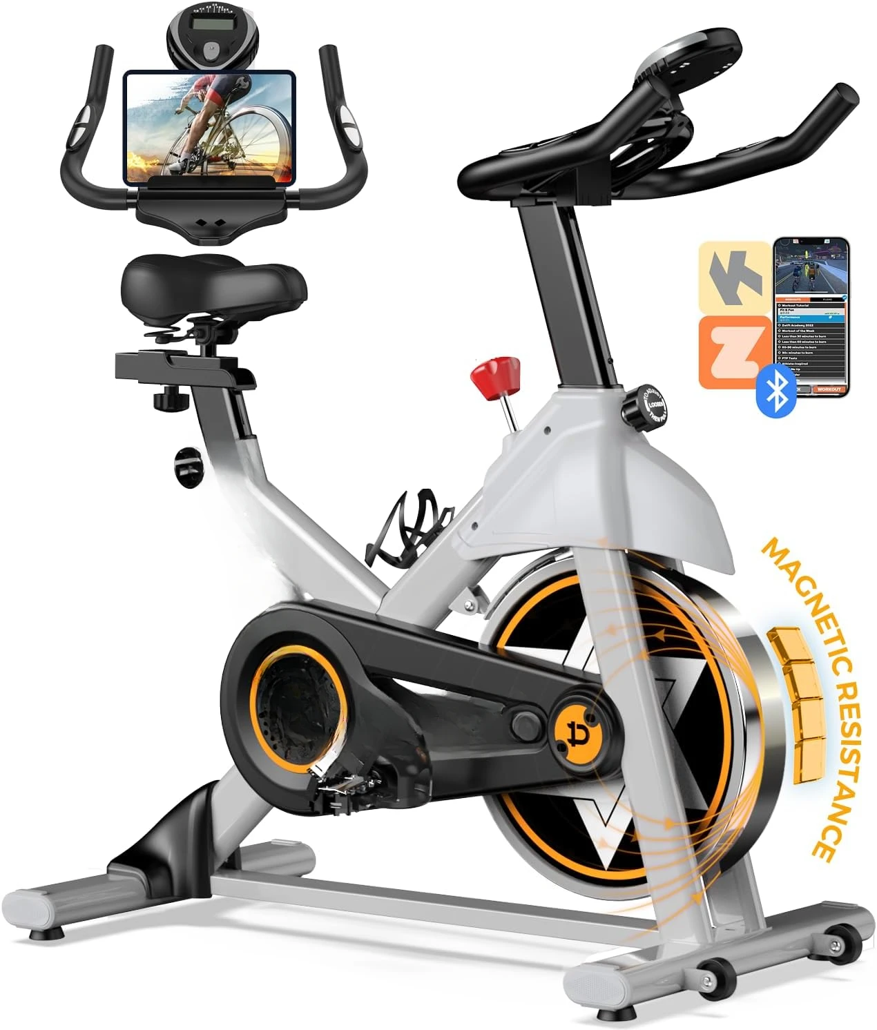 Vélo stationnaire pour salle de sport à domicile avec coussin de siège confortable et support de tablette, vélo d'intérieur à entraînement par ceinture silencieuse