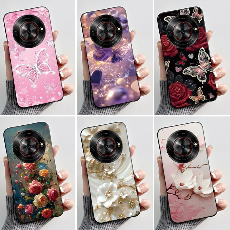 Capa de Telefone para ZTE Blade A75 5G Z2357N / Nubia Focus 5G, Capa de Luxo com Design de Borboleta e Flor, Silicone Macio, TPU Preto, Capa Traseira.