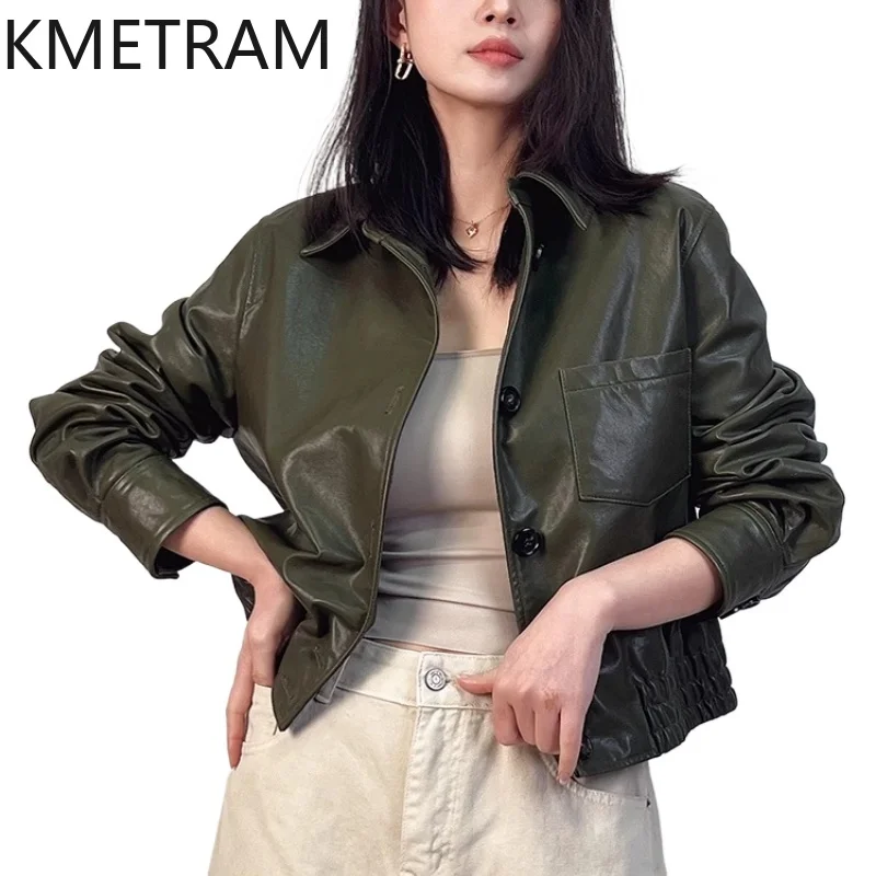 100% jaqueta de pele de carneiro natural mulher verde escuro curto jaquetas de couro genuíno feminino novo em outerwears outono roupas 2025 chaquetas
