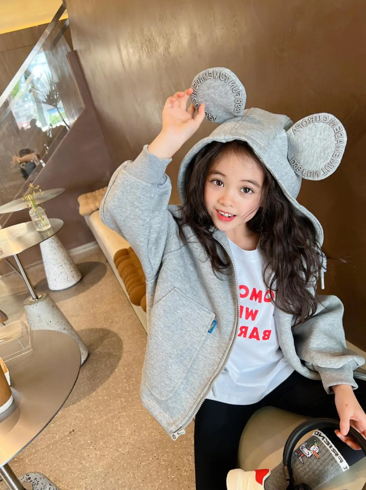 Baby and Girls Cotton Grey Embroidery Cartoon Show Drawstring Zip Sweatshirt Jackets Kids Hoodie Coat Child Outfit Tops 2-8Years