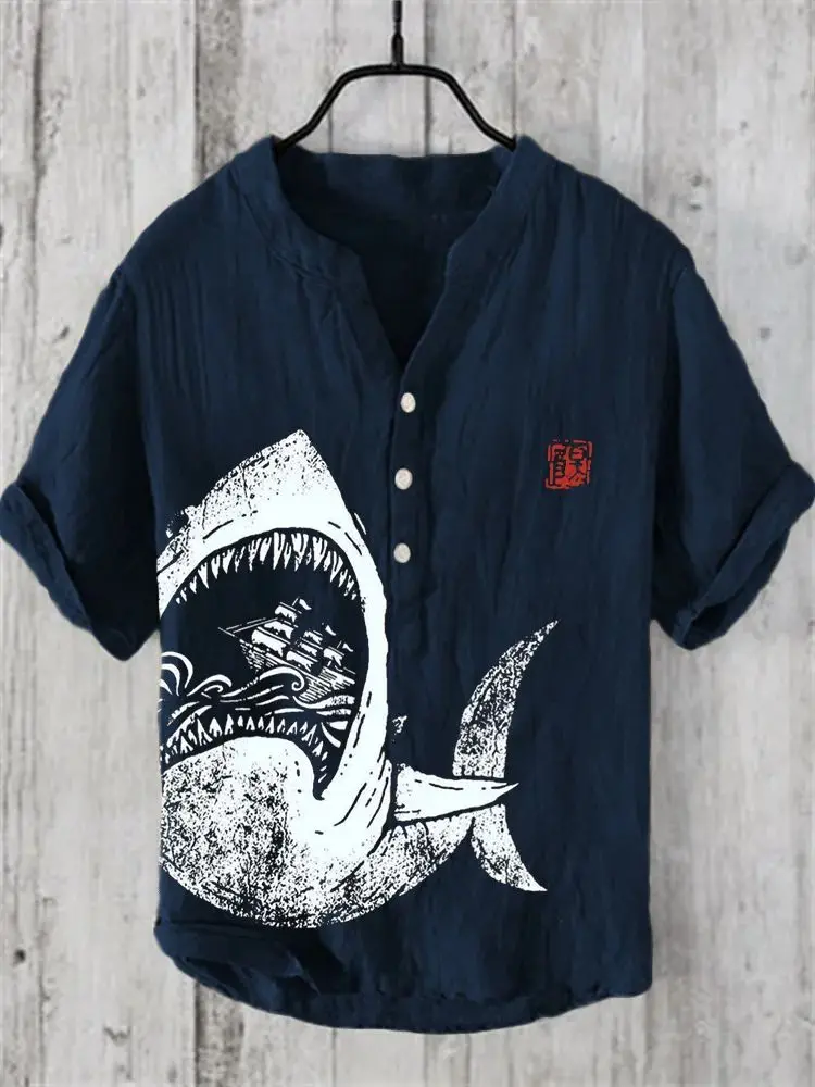 男性用半袖Tシャツ,モデルHaiian,sharkプリント,クロスオーバーボーダー,リネン,快適でトレンディなトップス,新しいコレクション