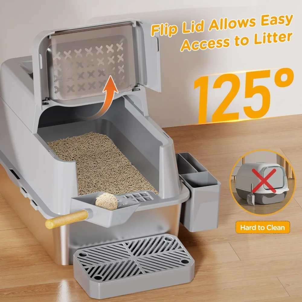 صندوق نفايات من الفولاذ المقاوم للصدأ مع غطاء، صندوق نفايات معدني مغلق XL بتصميم مع غطاء قلاب يناسب جميع القطط، مغطى كبير جدًا