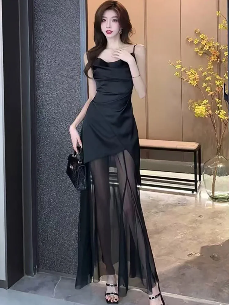 المرأة الأرجواني المخملية المرقعة شبكة شير مثير فستان طويل الخريف أنيقة شيك فستان بكتافة 2025 الكورية خمر فستان سهرة فاخر