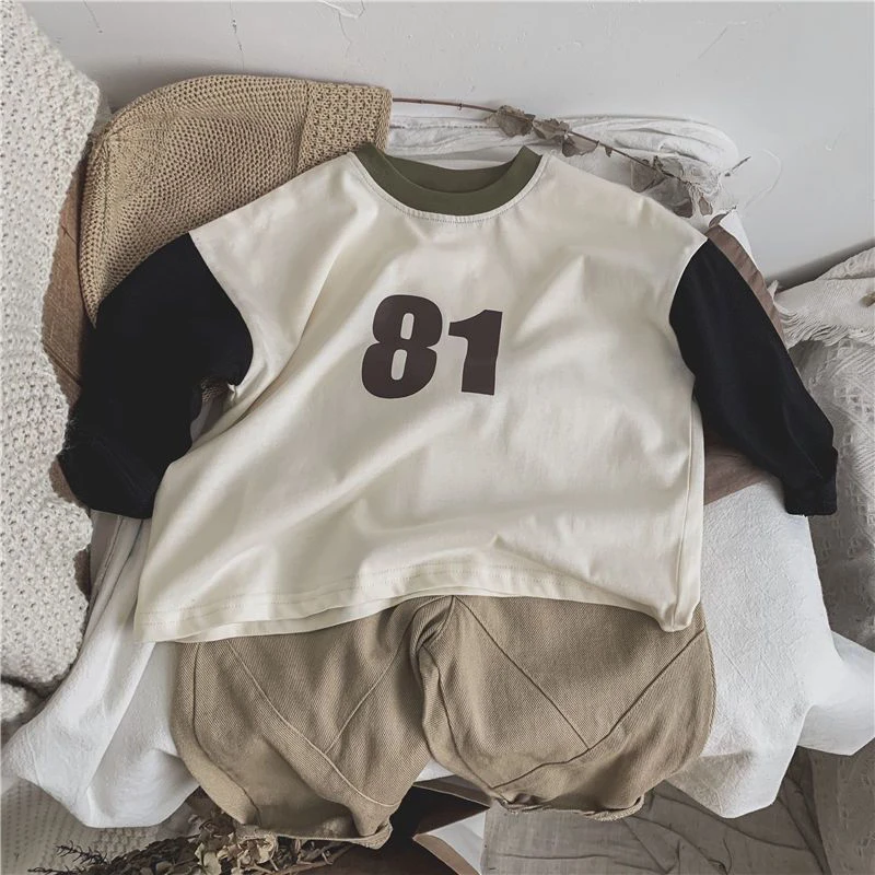 Kids Undershirts New Spring 2025 Patchwork Long Sleeve Baggy Fashion Korean Casual
