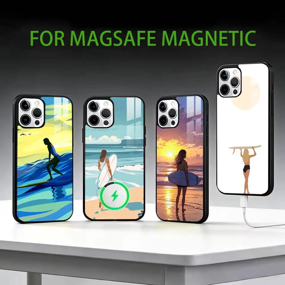 

s-Surfboard Surfing Art Surf Girl Phone Case For iPhone17,16,15,14,13,12,11 Plus,Pro Max Magnetic For Magsafe Wireless Charging