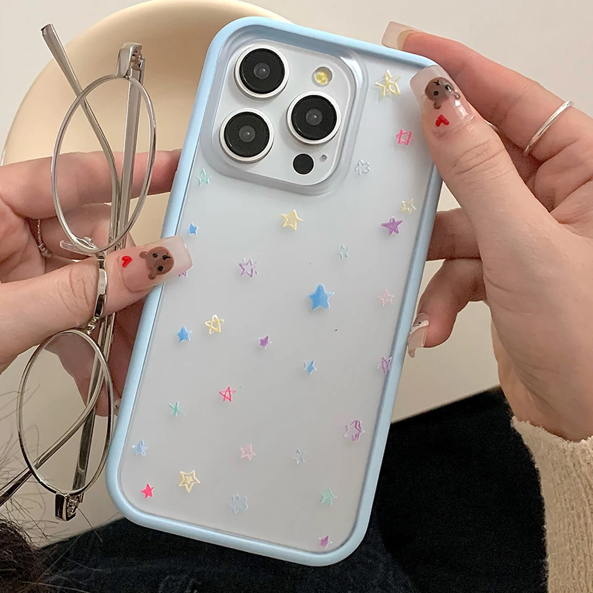 

Cute Translucent Matte Little Star Back Cover For iPhone 15 14 13 12 11 Pro Max 2in1 Detachable Color Collision Phone Case New