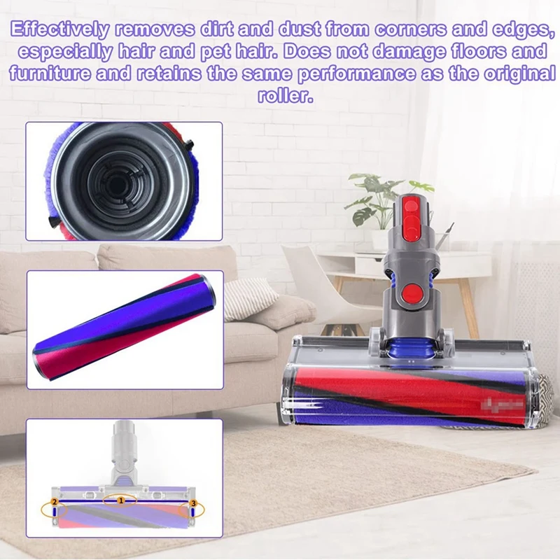 2x escova de substituição para dyson v6 v7 v8 v10 v11, acessórios de rolo macio, com 12 tiras de feltro, limpeza e remoção de poeira