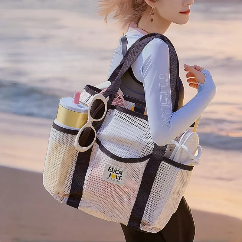 Large Capacity Mesh Beach Tote Bag with Multi Pockets Sandproof Breathable Swim Pool Bag Casual Shoulder Handbag for Women Trave