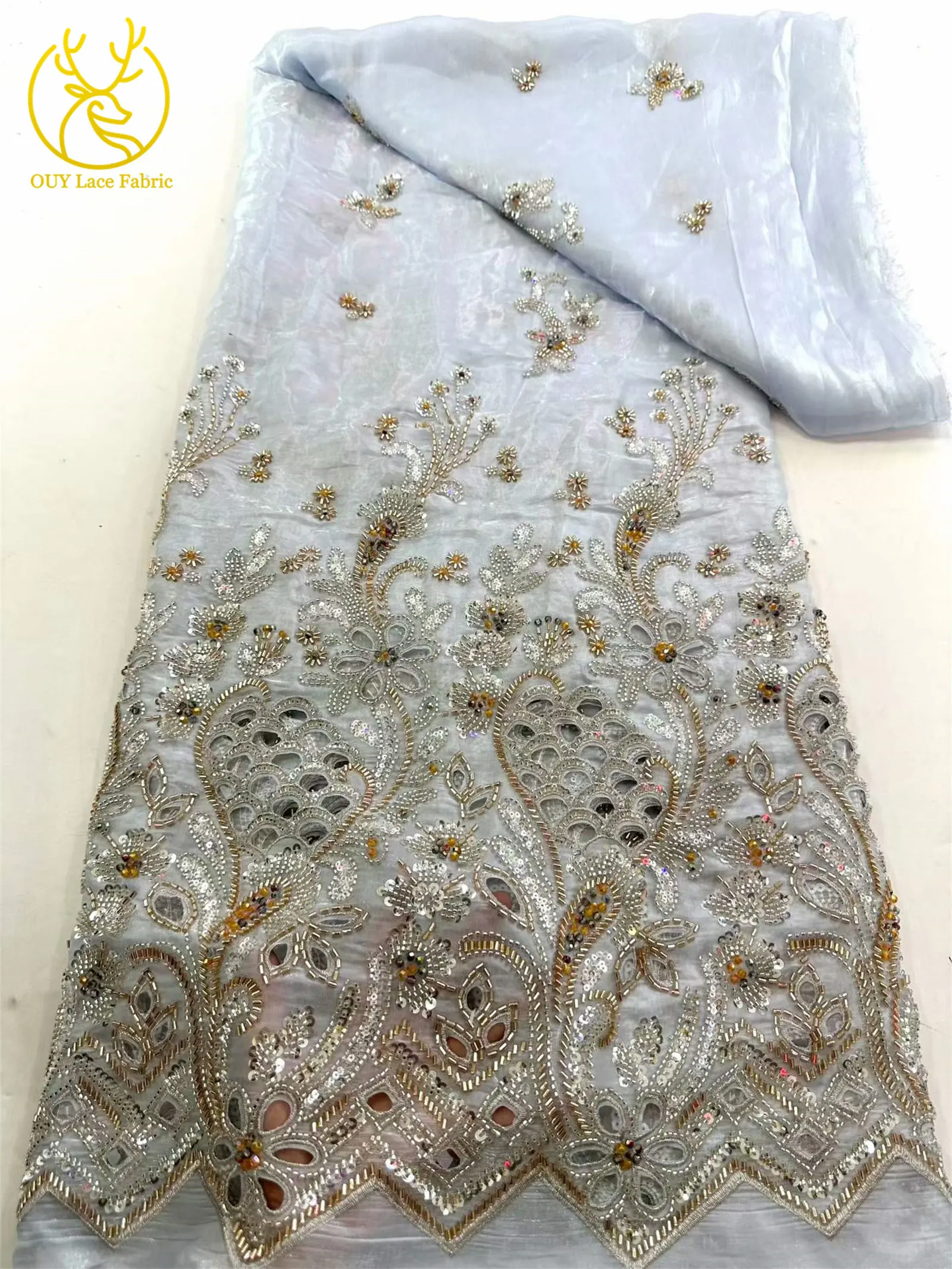 Neueste Afrikanische Schwer Verzierte Spitzenstoffe 5 Yards Nigerianische Schweizer Perlen-Pailletten-Spitze für Bräutigam-Kleider und Damenkleider zum Nähen – Detail 11