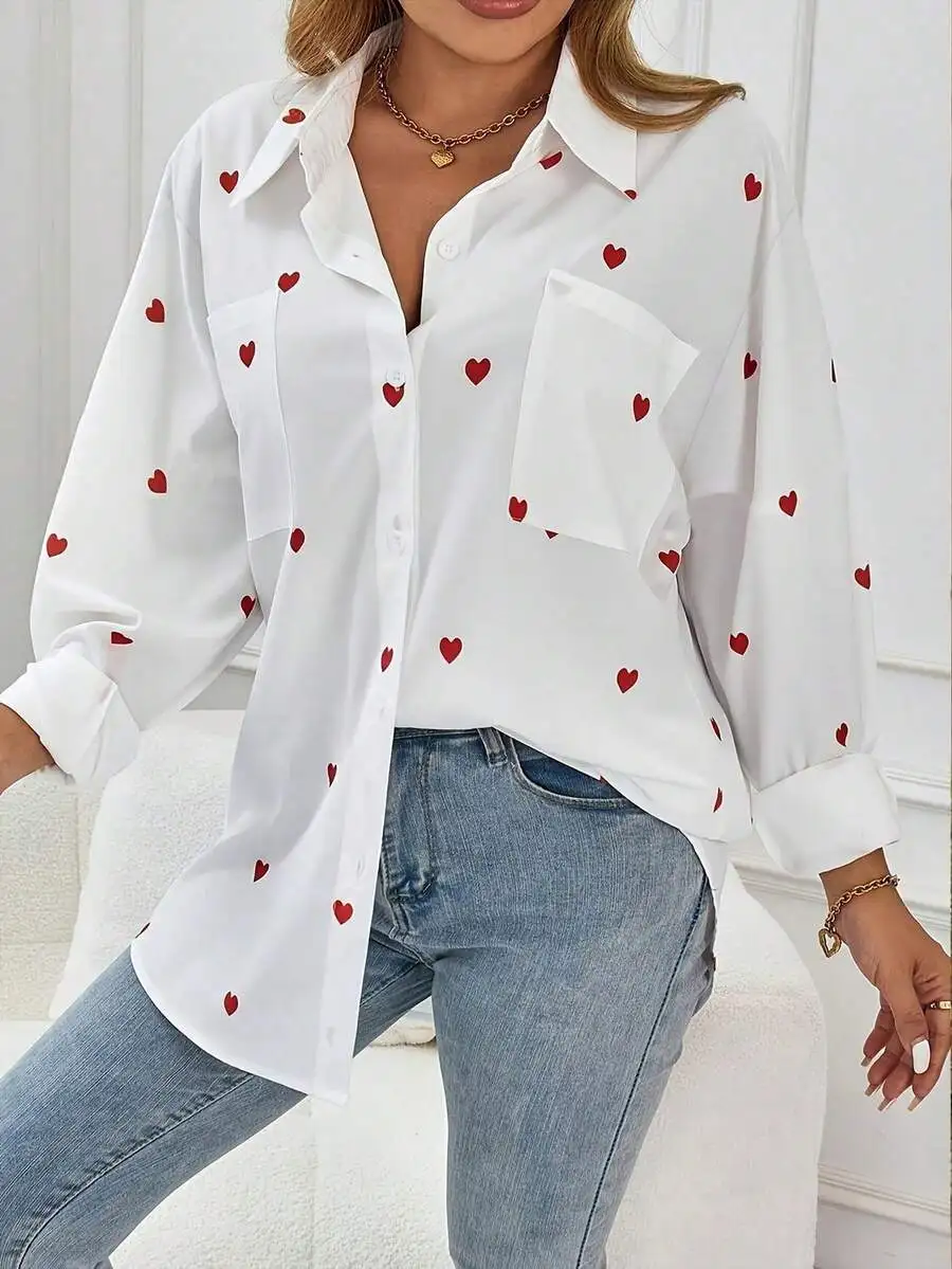 

Women's White Long Sleeve Button-Down Shirt with Red Heart Print and Front Pocket