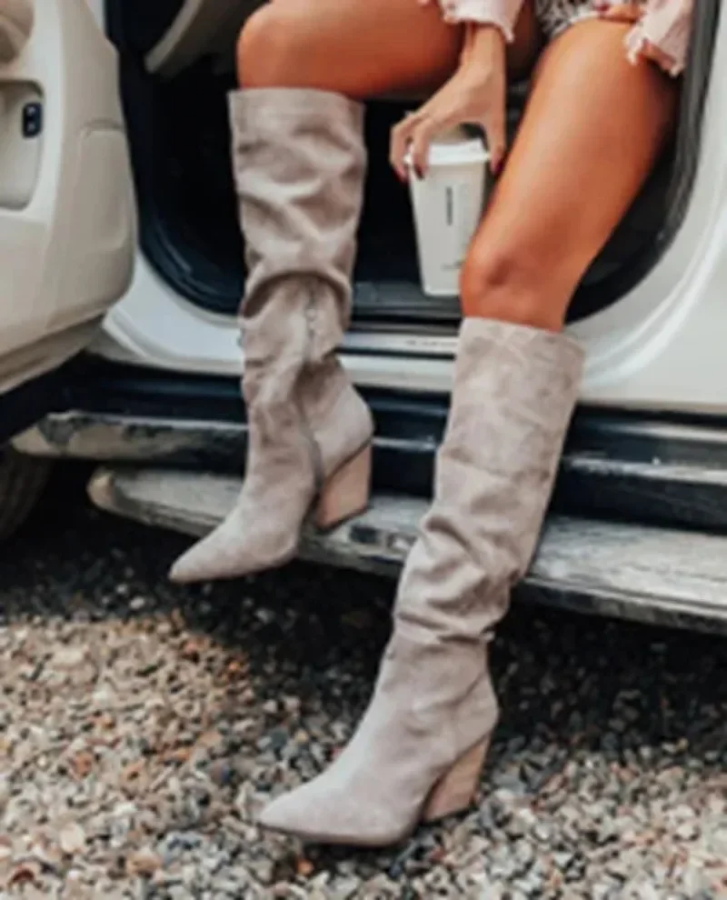 Winter Women Shoes Sexy High Pointed Toe Solid Color Slip-On Flock Warm Over The Knee Boots Ladies Mature Party Elegant Boots