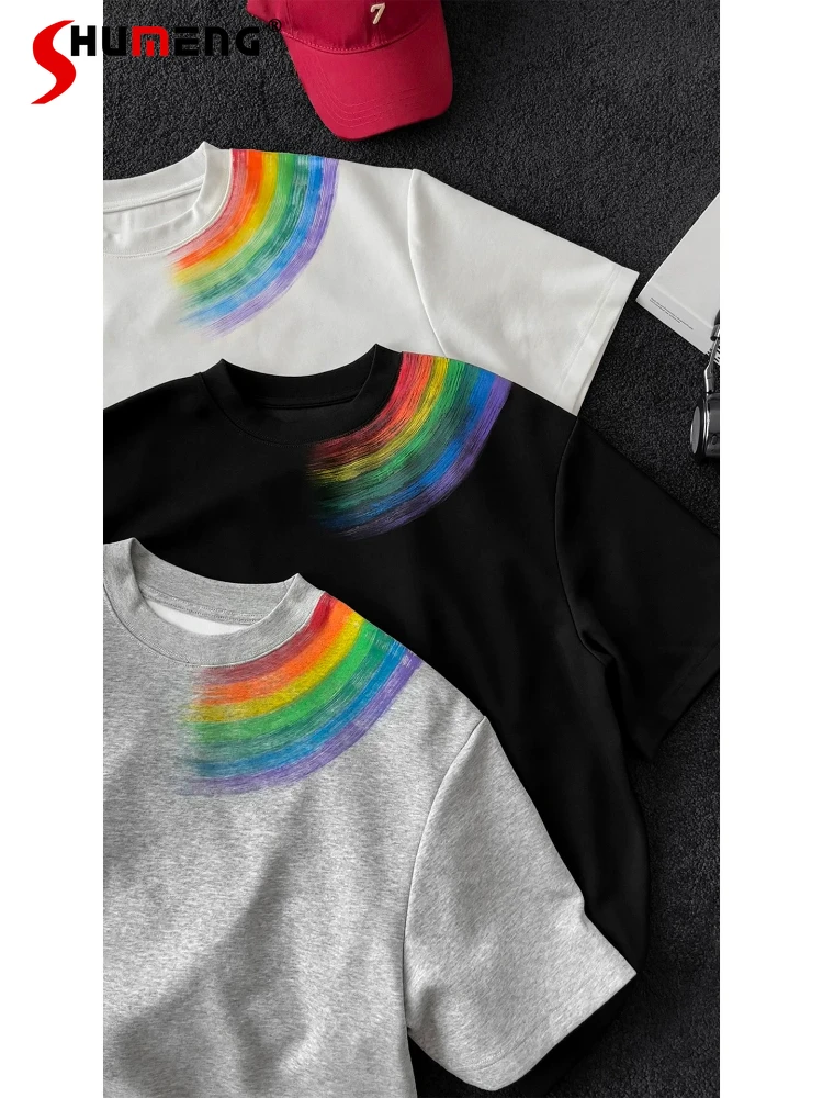 

Men's 2026 Summer New Personality Rainbow Graffiti Design T-Shirts Fashion Loose Round Neck Short Sleeve Chic Tees Trendy Tops