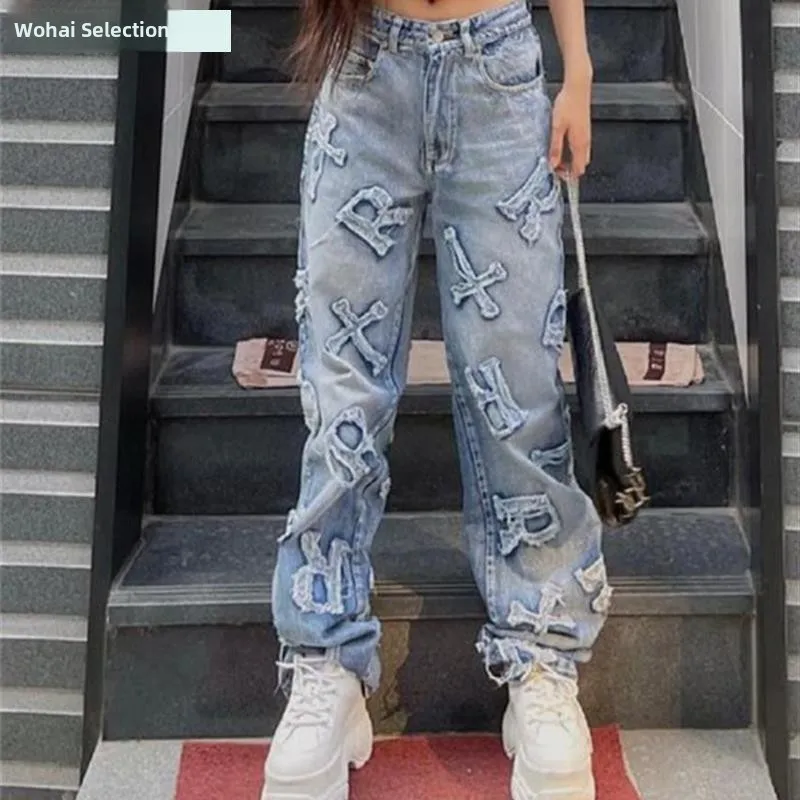 

Loose Straight Leg Jeans Women's Long Pants l Waist Zipper Closure Blue Color Versatile Seasonal Casual Fem Jeans