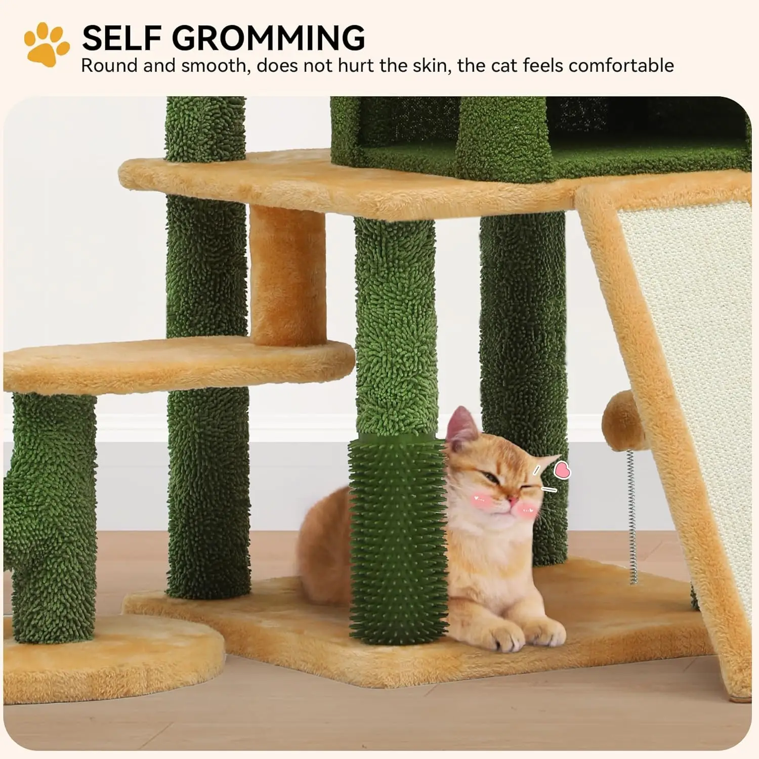 Indoor Cat Climbing Tower, Sisal Material, 60in Tall with Self-Grooming Brush and Dangling Ball