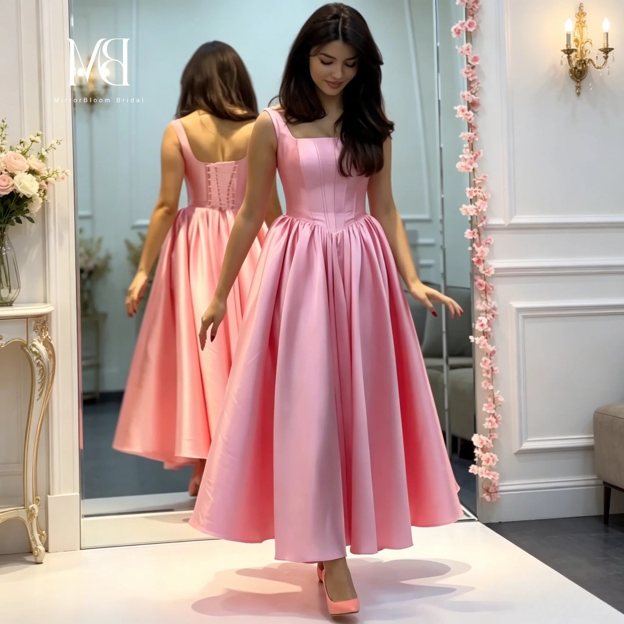 

Exquisite Pink Strapless Sleeveless A-Line Evening Gown for Women Floor Length Satin Dress for Formal Occasions