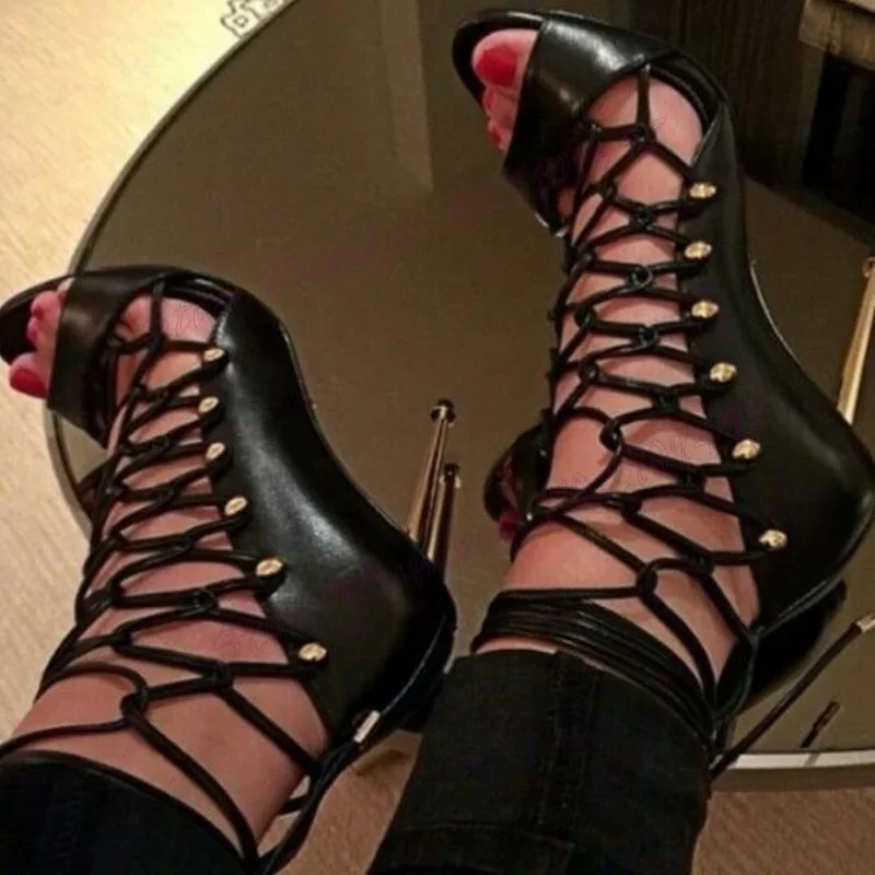 

Black Hollow Out Ankle Strap Sandals Metal Heels Open Toe Shoes for Women Matte Leather Sexy Lady Shoes 2024 Zapatos Para Mujere