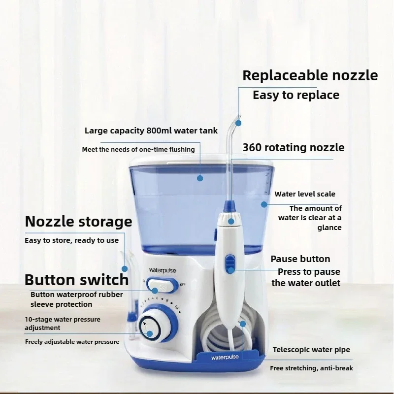 Electric Water Flosser Oral Irrigator 800ML Large Capacity Dental Water Hygiene Flossing Teeth Cleaner With 5x Tips IPX4