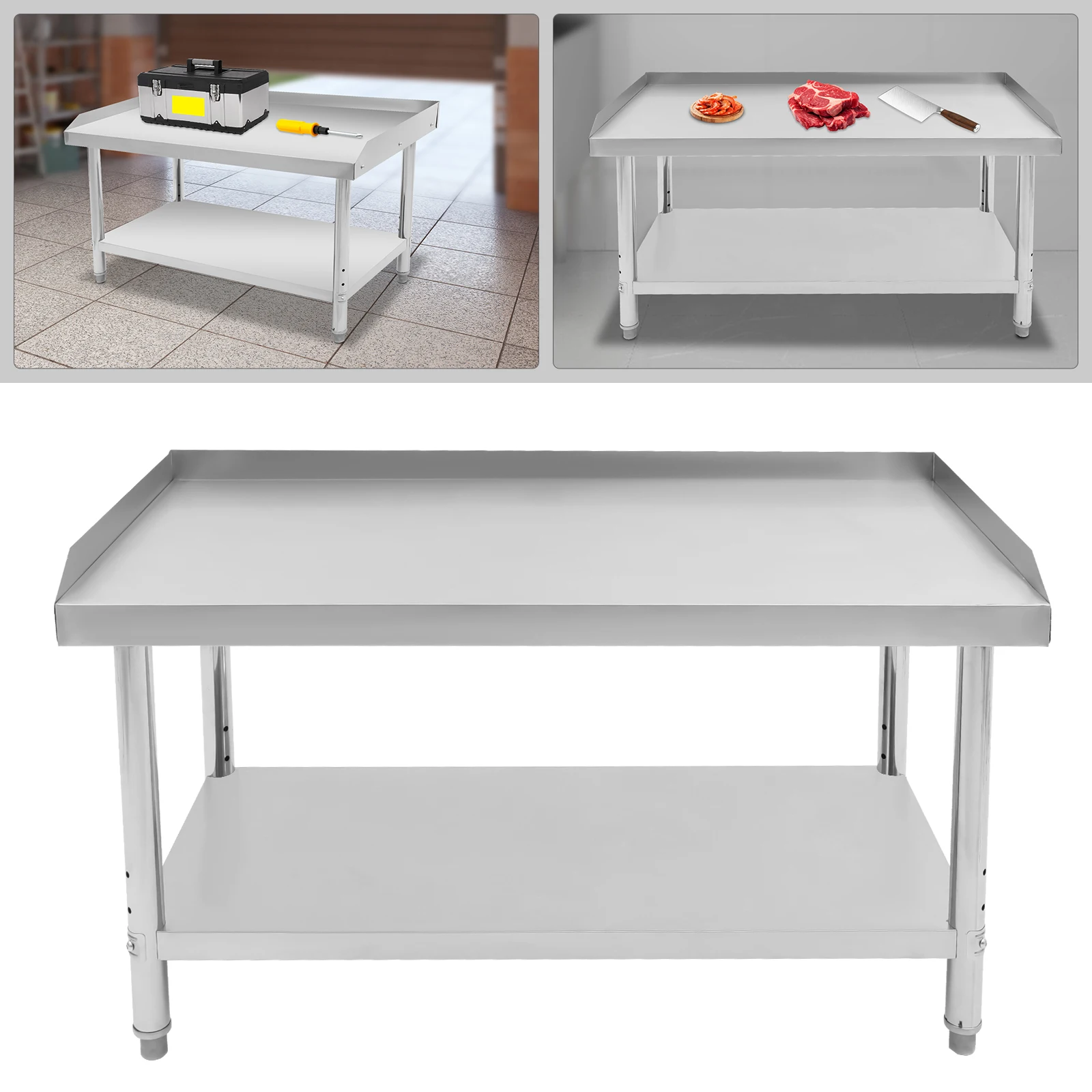Commercial Work Table 2-TIer Kitchen Work Bench Stainless Steel Work Table with Backsplash Prep Table for Restaurant, Garage