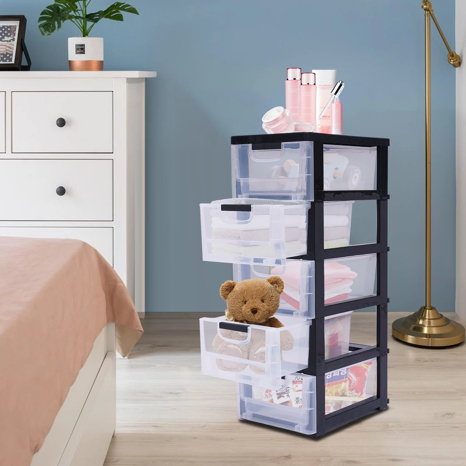 

5 Layer Storage Drawer Large Stackable Storage Cabinet Clear Plastic Dresser Storage Tower Closet Organizer for Home Bedroom