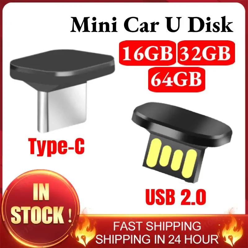16GB/32GB/64GB Mini Car U Disk Pendrive Type-C/USB 2.0 Flash Drive Memory Stick Flash Disk Waterproof Plug & Play For Car PC TV