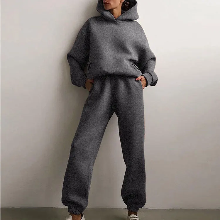 

Komplet Dwuczęściowy Damski Ropa Deportiva Mujer Woman Clothing 2 Pieces Set Solid Color Pocket Hooded Autumn Winter Sports Suit