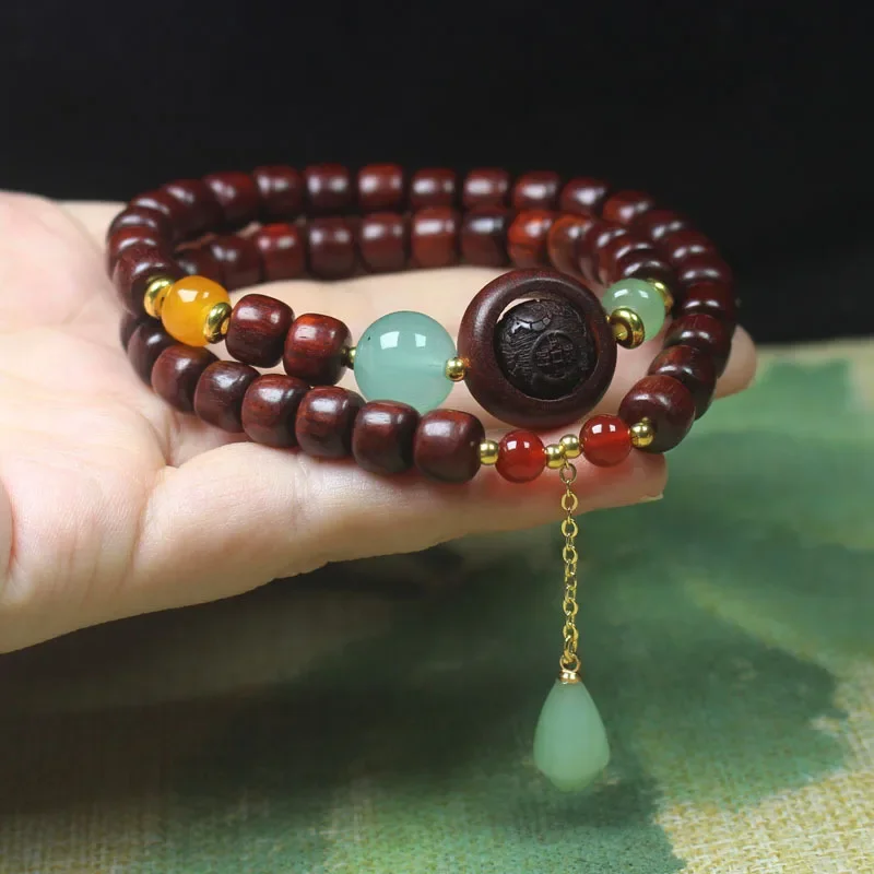 

Natural Rosewood Double Layer Buddha Beads Bracelet Men and Women Jade Pendant Buddhist Meditation Prayer Beads Hand String