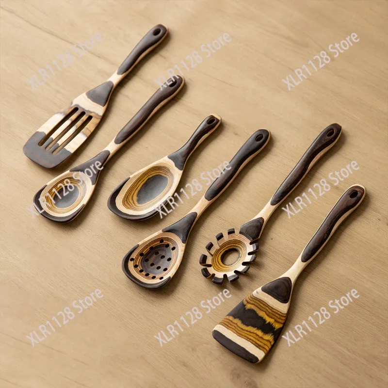 

Vintage Moroccan Gradient Color Wooden Kitchen Utensils Set Turner Spoon Spaghetti Strainer