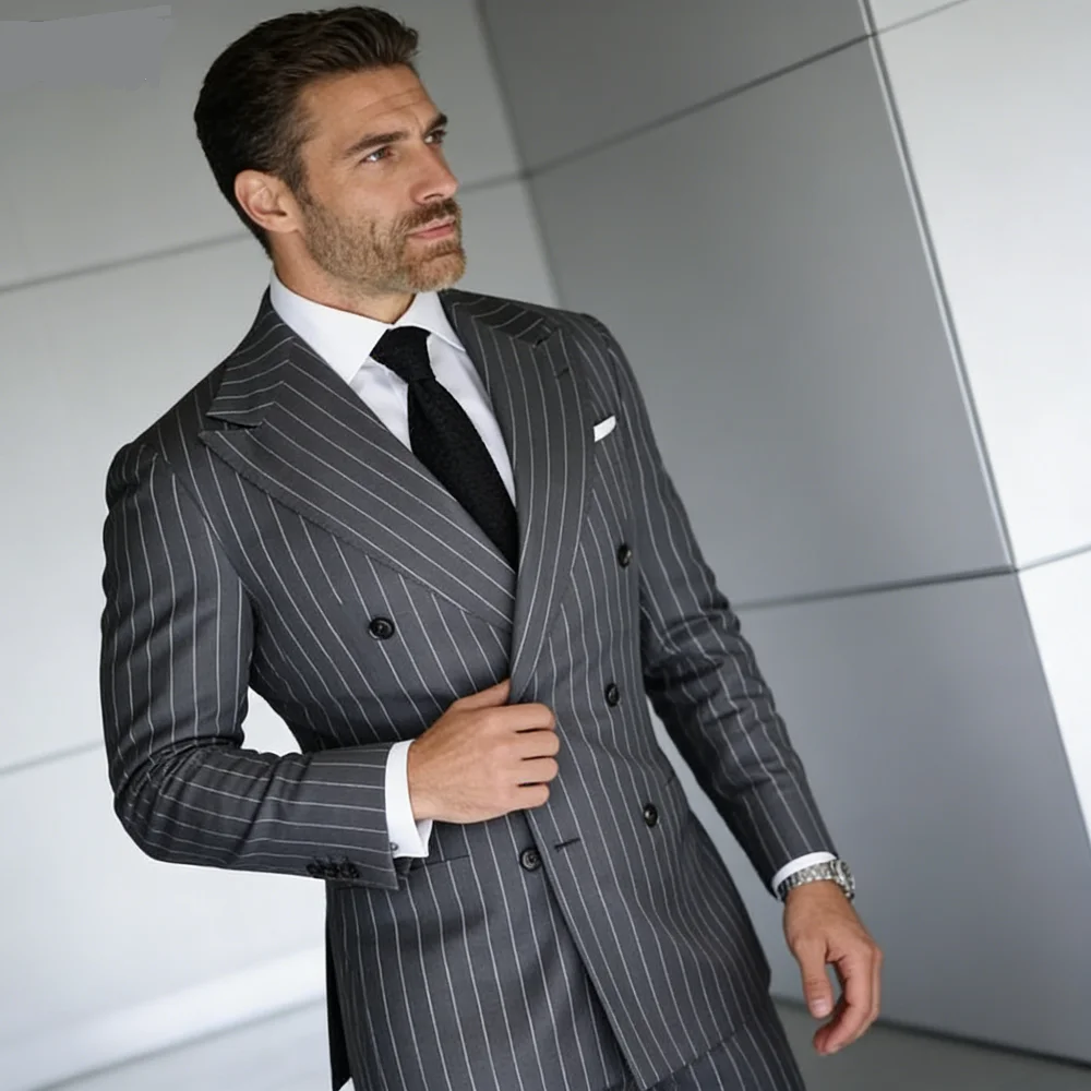 

Men's 2-Piece Suit Set Slim Fit Double Breasted Lapel Formal Grey Blue Marine High Quality Jacket And Trousers Ensemble