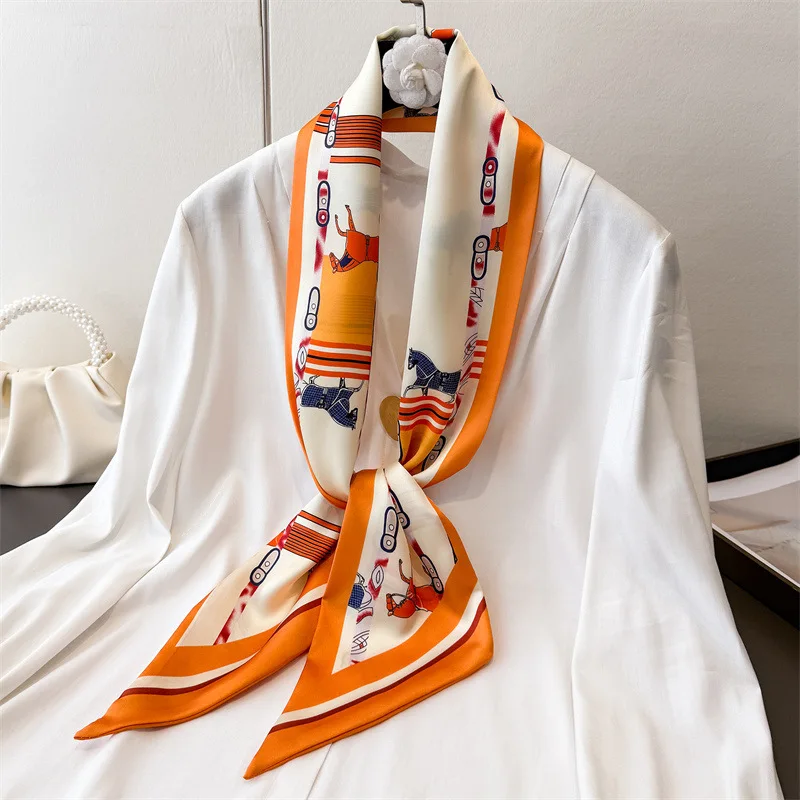 Luxurious summer double-layer oblique decorative silk scarf commuting hair tie scarf versatile slim scarf for women