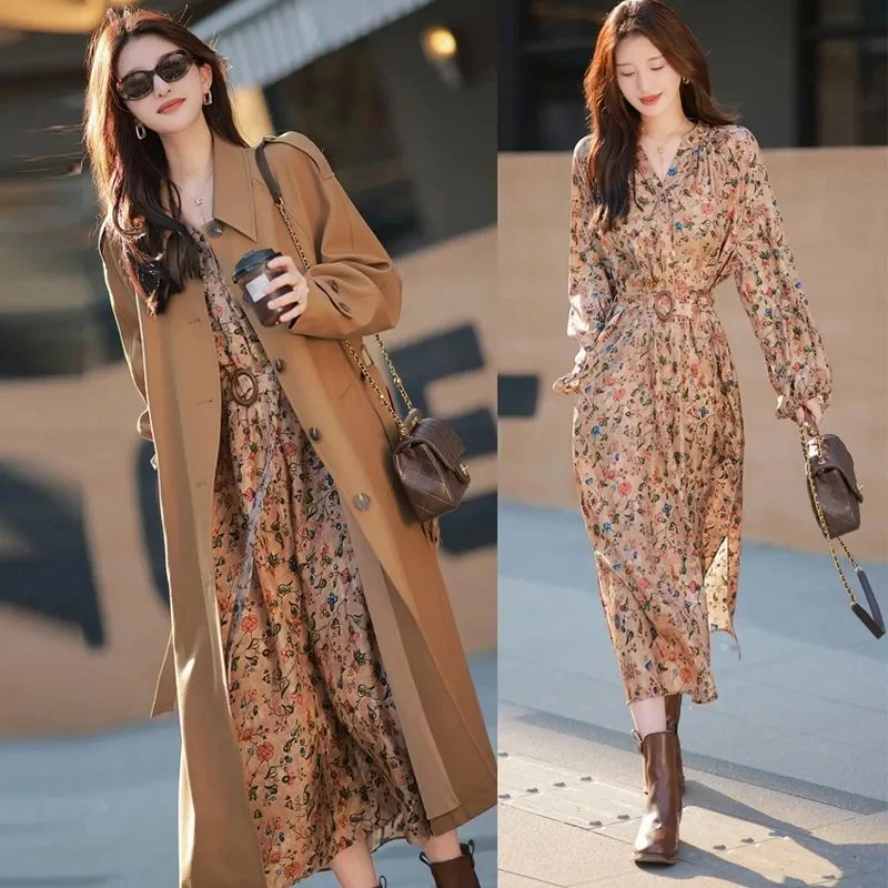 2024 Summer French New Long Sleeved Dress With Cinched Waist For Slimming Effect, Floral Dress For Ladies, Imported A-line Skirt