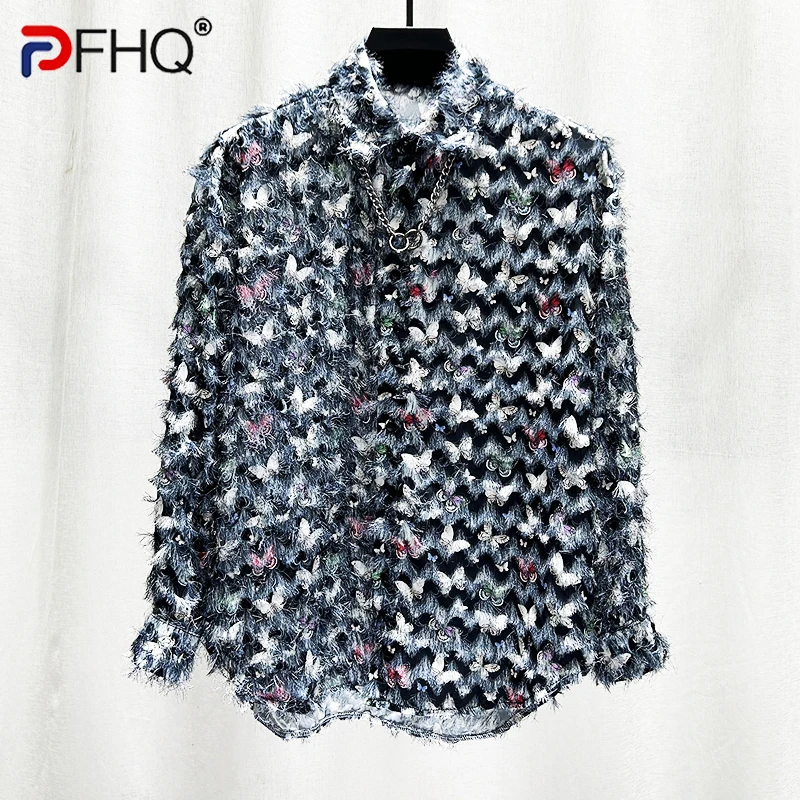 

PFHQ Men's Tassel Edge Printed Shirts Long Sleeved Korean Version Creativity Light Luxury Pattern Breathable Tops Summer 21Z4152