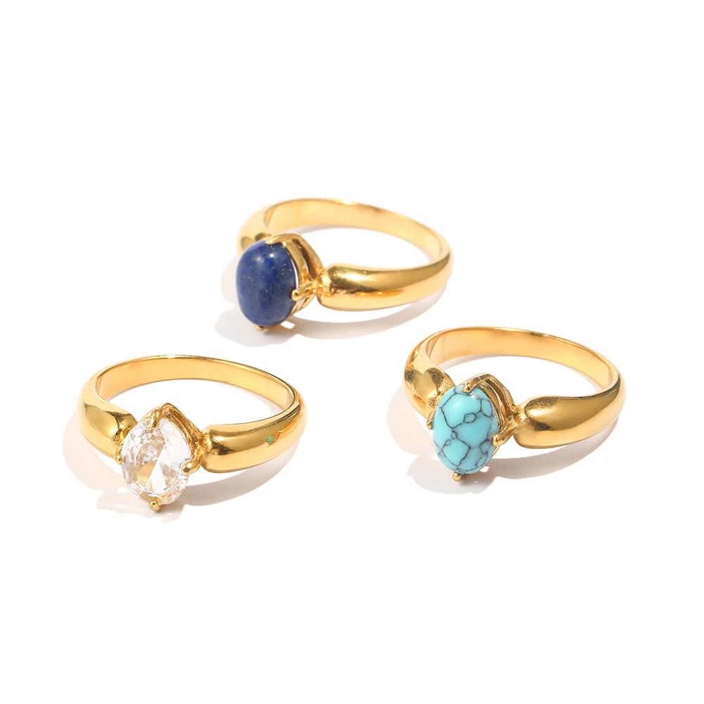 Minimalist Stainless Steel Gold Plated Natural Stone Laips Turquoise Cubic Zirconia Rings For Women bague acier inoxydable