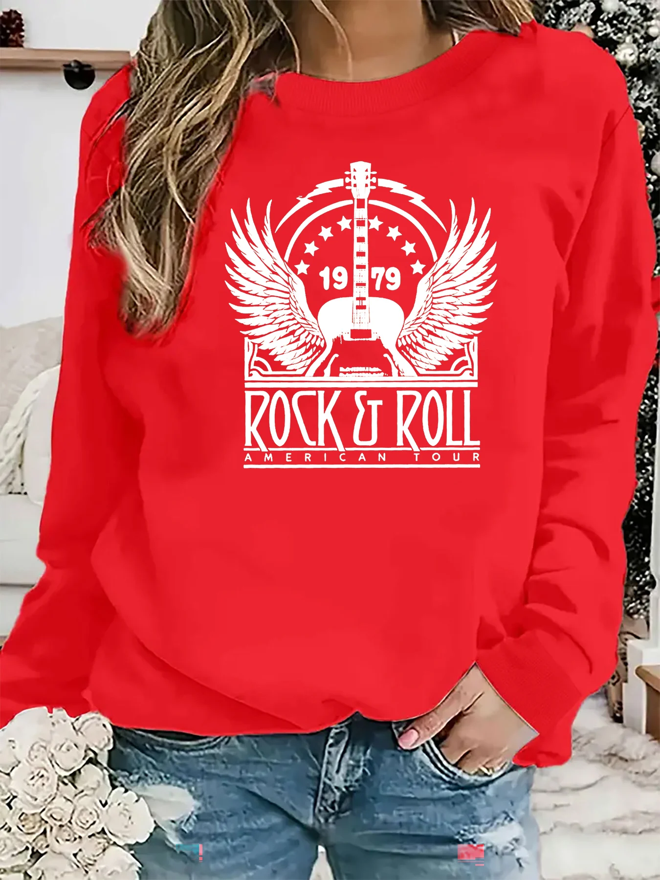 Jersey informal holgado y cómodo con estampado de ROCK ROLL para mujer, jersey de manga larga con cuello redondo, otoño e invierno