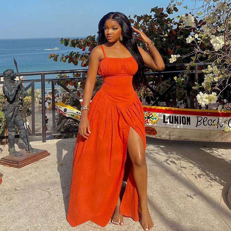 

BKLD Women's Clothing 2025 Summer New Sweet And Fresh Spaghetti Strap High Waisted Split Dress Solid Color Slimming Long Dresses