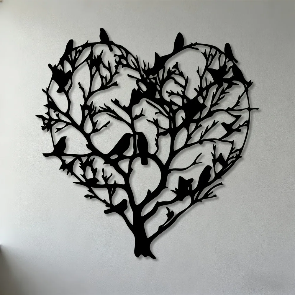 Heart Shape Tree Metal Wall Art, 2D Bird Sculpture Home Decor