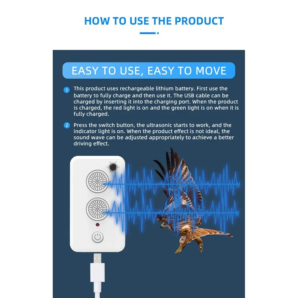 Ultrasonic Repelling Device Usb Rechargeable Large-capacity Battery Outdoor Adjustable Bird Repeller