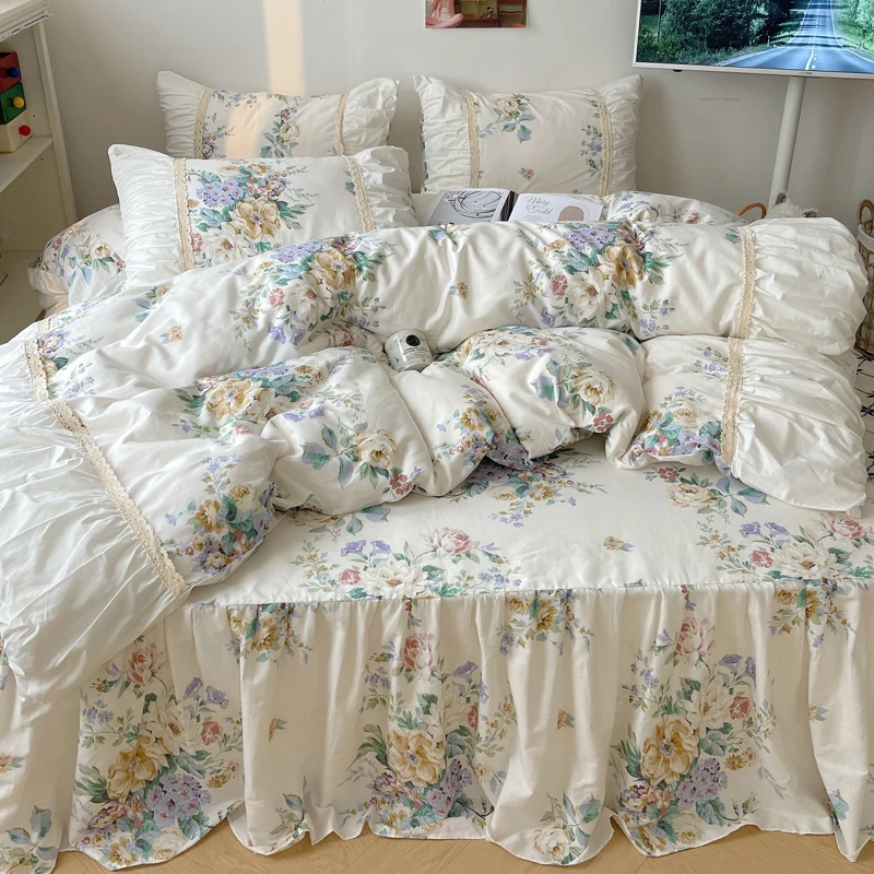 

100% Cotton Bedding Set Korean Style Flowers Printing Quilt Covers Lace Princess Duvet Cover Bedspread Bed skirt Pillowcases