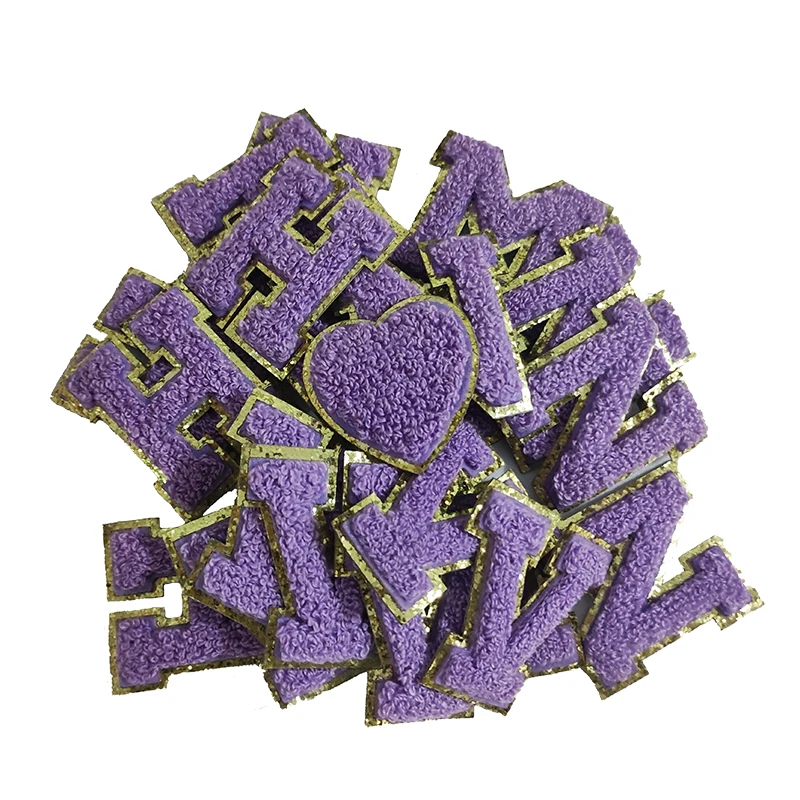 Purple Letters Sticker Patch Alphabet Towel Embroidered Chenille Patches for Clothing Bags Jacket Stick on Accessories Applique