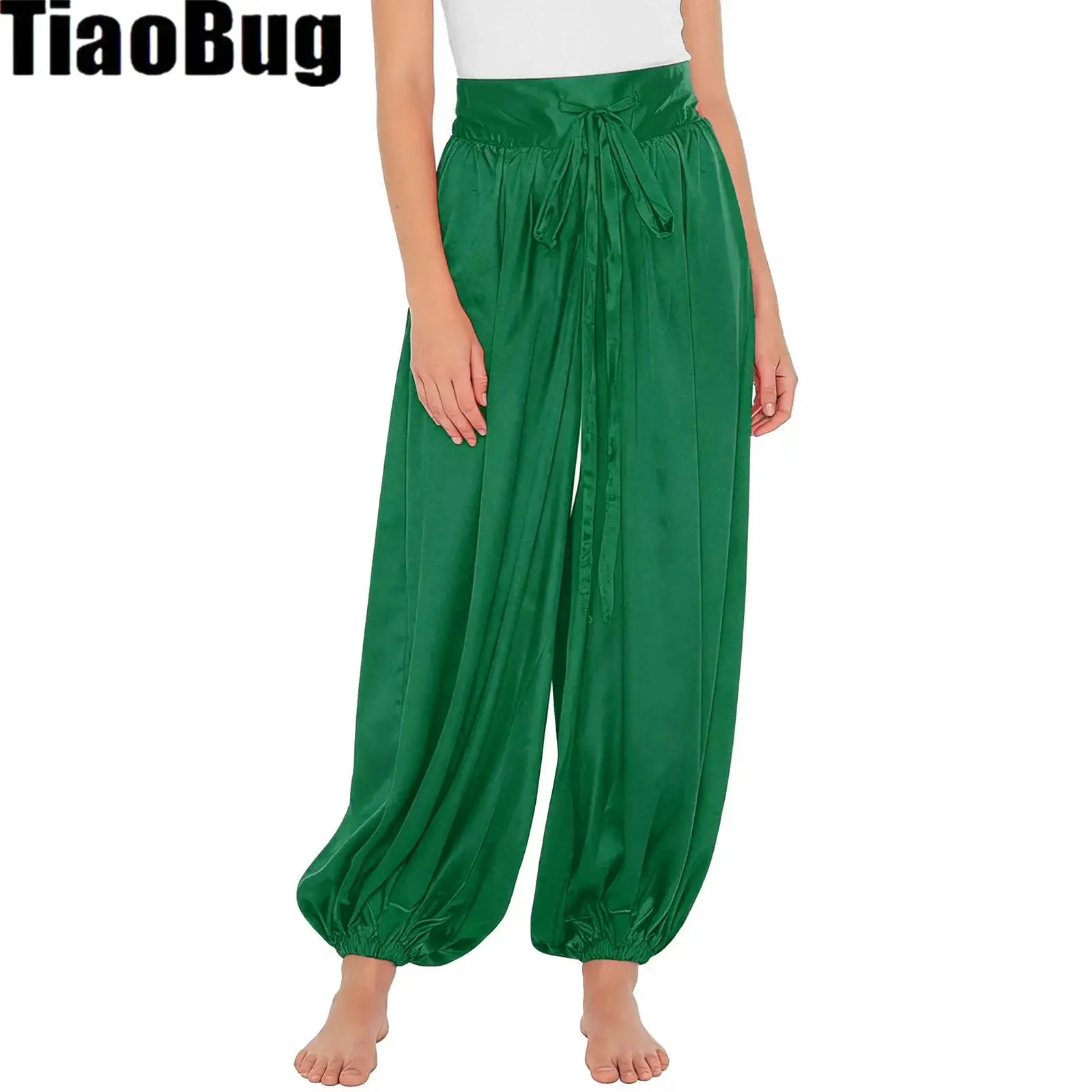 

Женские свободные брюки-шаровары для восточных танцев с завязками на талии, сатиновые, для экзотических танцев, костюм «Волшебная лампа» для косплея и вечеринок