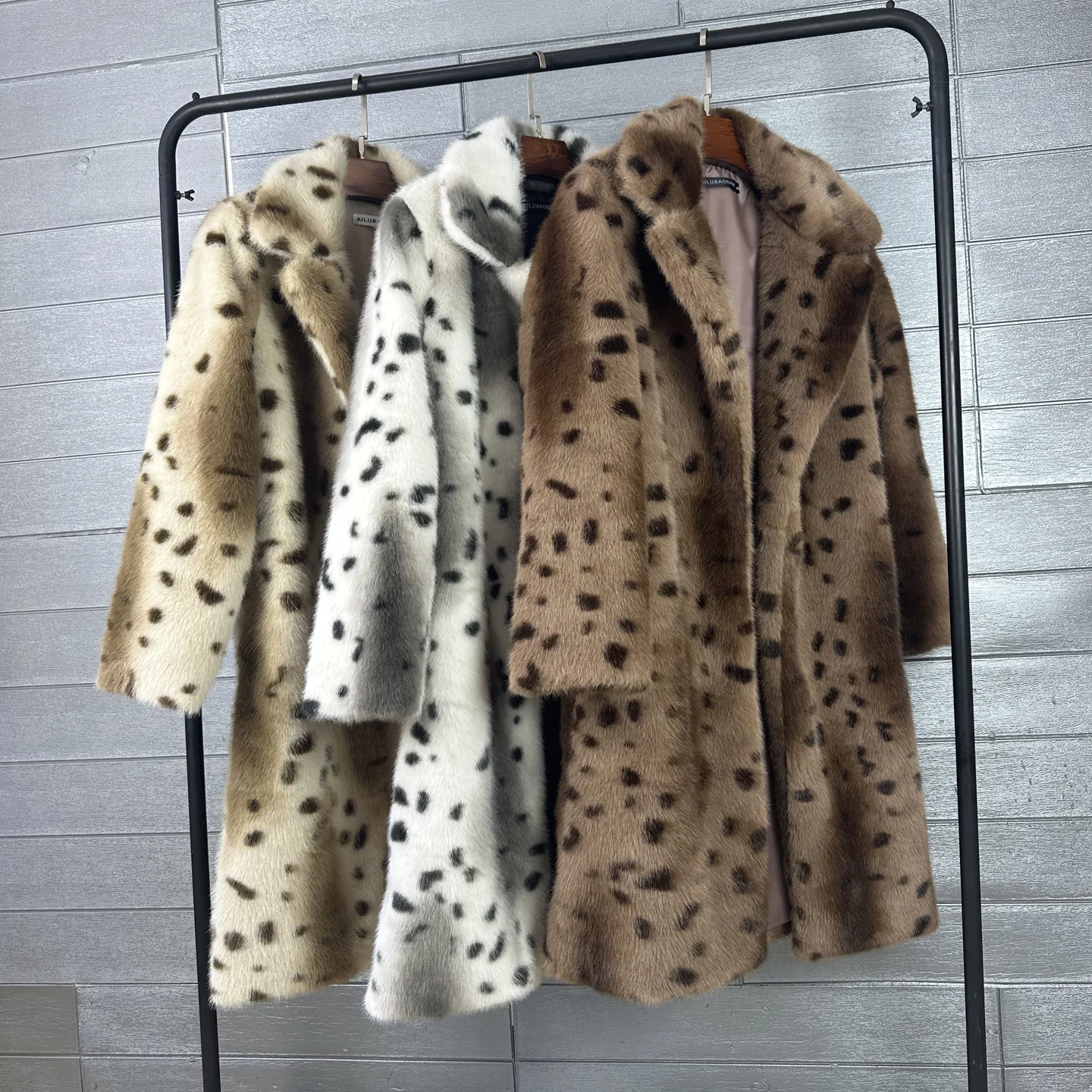 Women Leopard Print Faux Mink Fur Coat Lapel Collar Mid Long Fluffy Warm Winter Faux Fur Overcoat