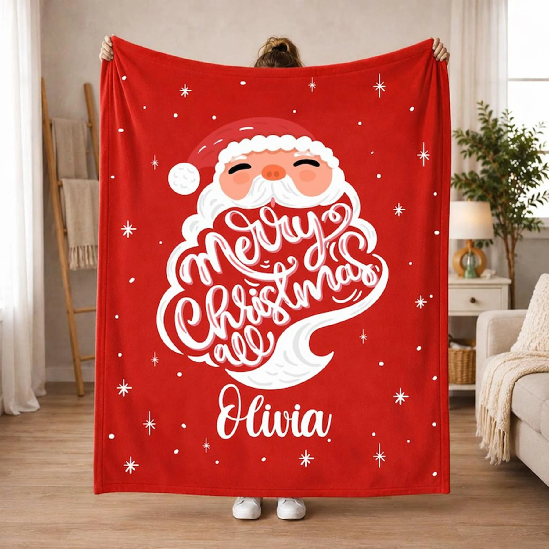 Personalized Custom Name Merry Christmas Blanket, Funny Santa Christmas Throw, Custom Cozy Xmas Gift for Loved Ones