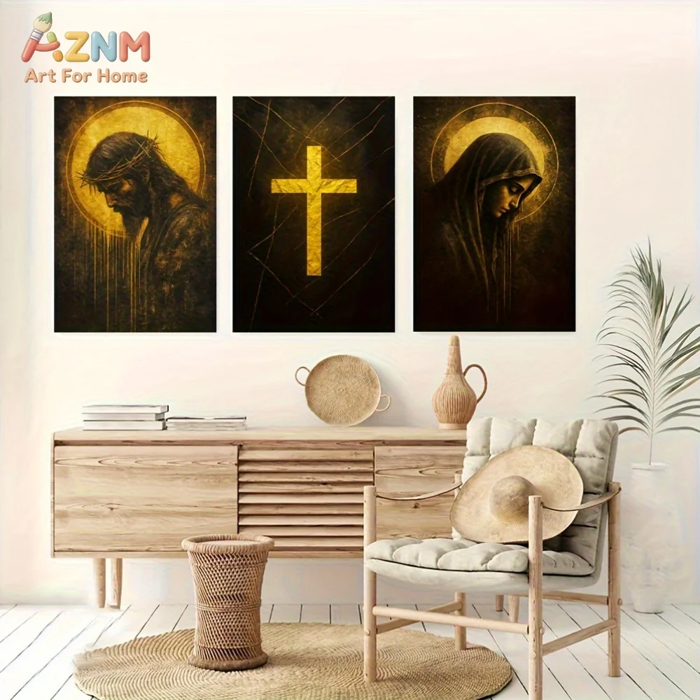 1pc/3pcs Canvas Wall Art Featuring Jesus And The Virgin Mary with a Golden Cross Design, Religious Faith Decor view 5